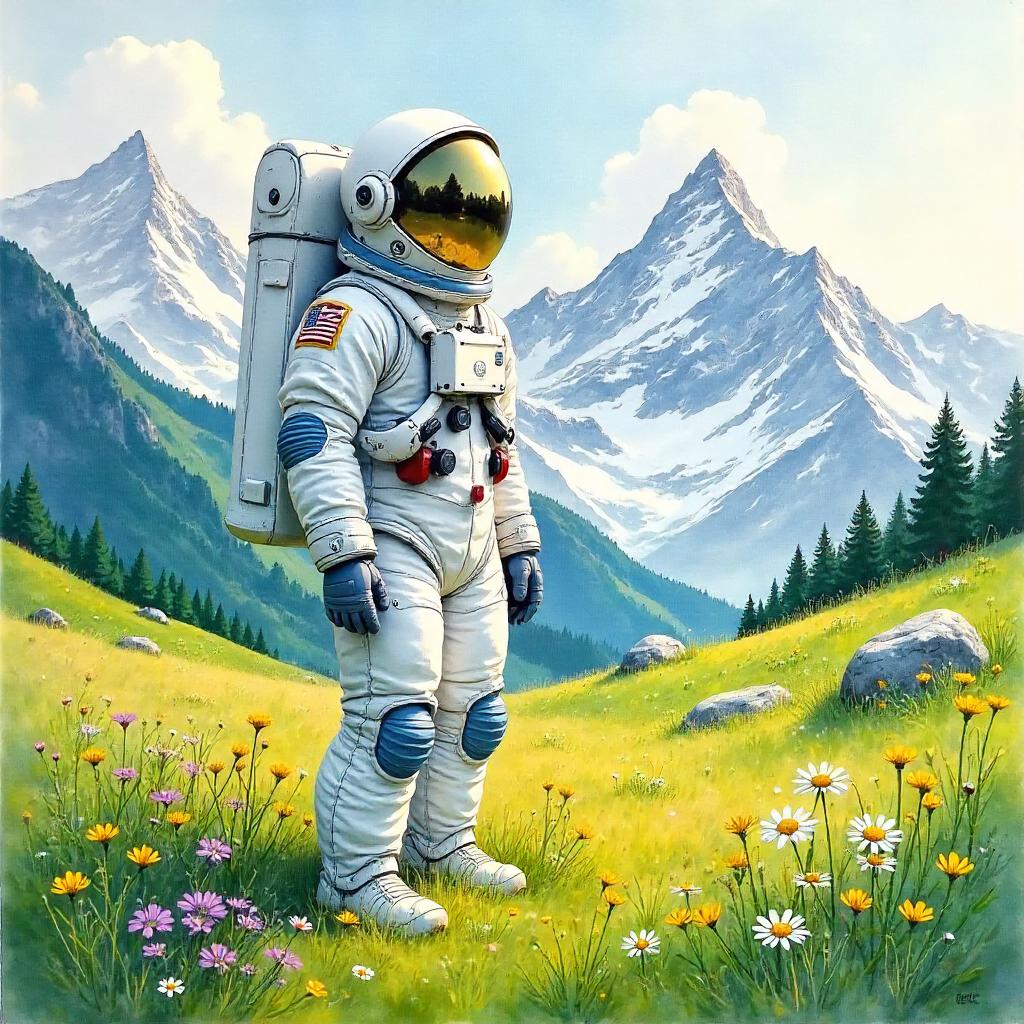 Astronaut in an Alpine Meadow — Watercolor Dream