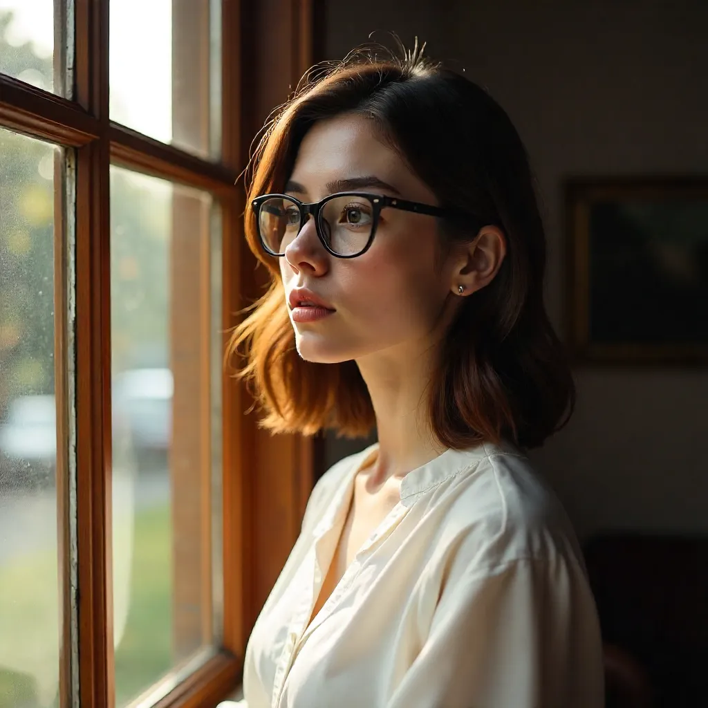 Thoughtful Woman by Window in Glasses