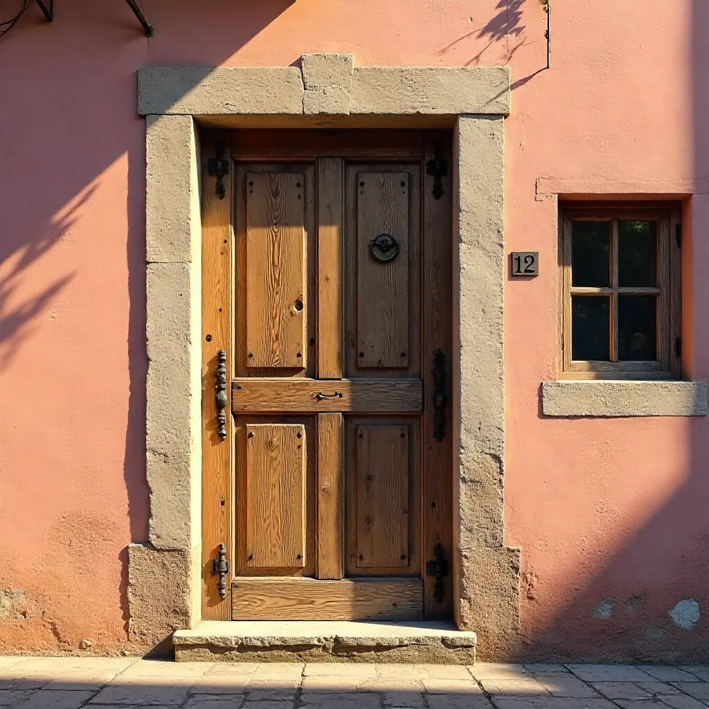 Rustic Door in Pink Plaster Wall with Window and Number