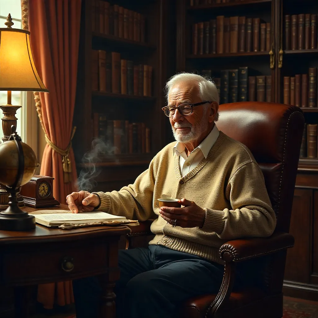 Nostalgic Vintage Study: Elderly Man with Book and Cup