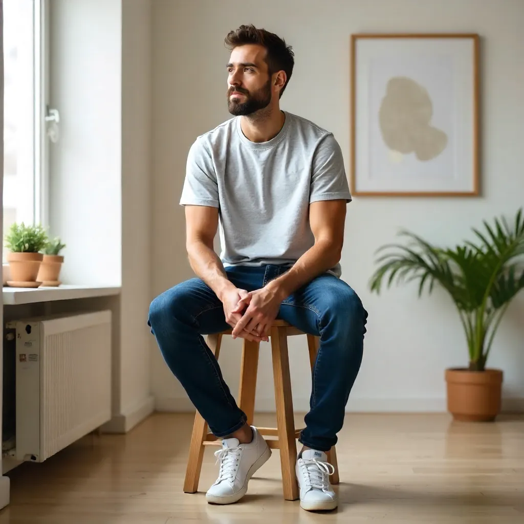Casual Man on a Stool in Bright Room