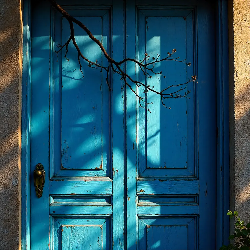Branches Casting Shadows on a Blue Door
