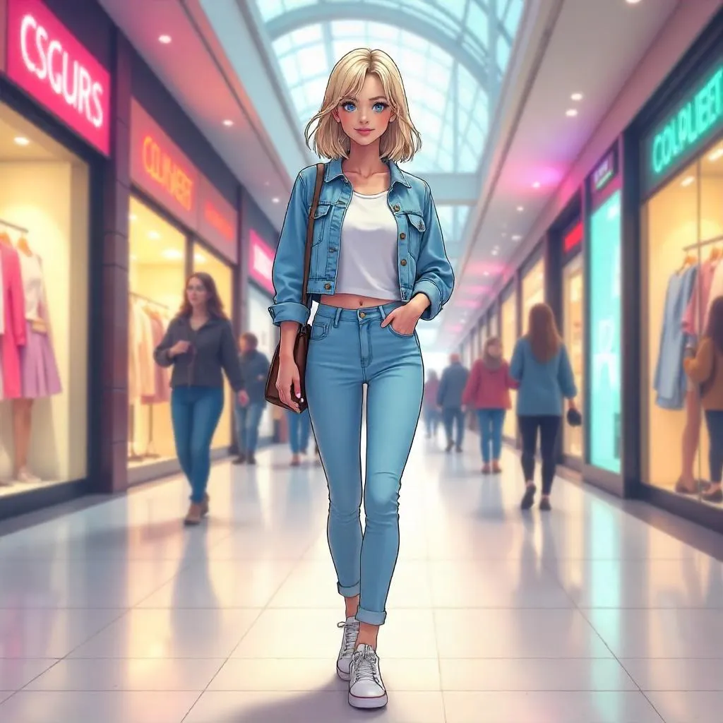 Anime-Style Adult Woman in a Shopping Mall
