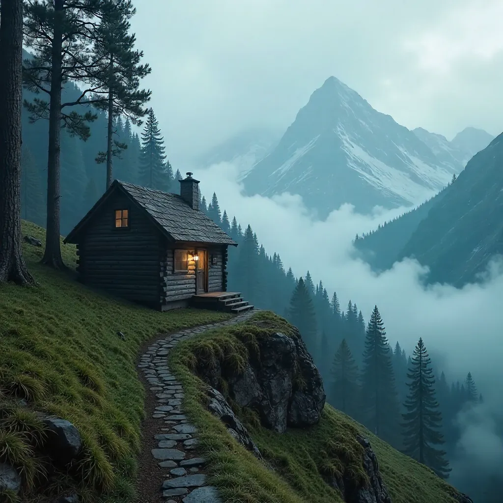 Lonely Cabin on a Misty Alpine Hillside