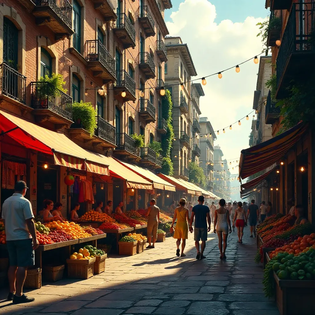 Bustling Colorful Market by a Vintage City Block