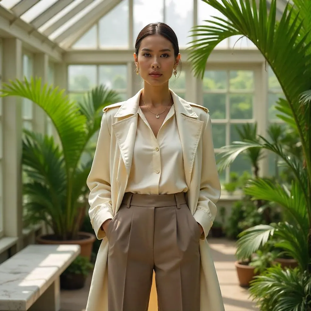 Stylish White Woman in a Lush Conservatory