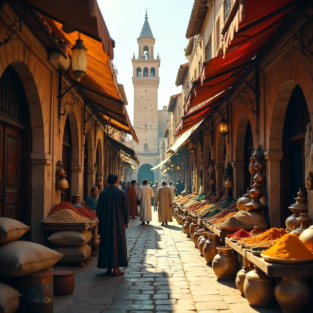 Medina Market: Colorful Street Scene with Mosque Minaret