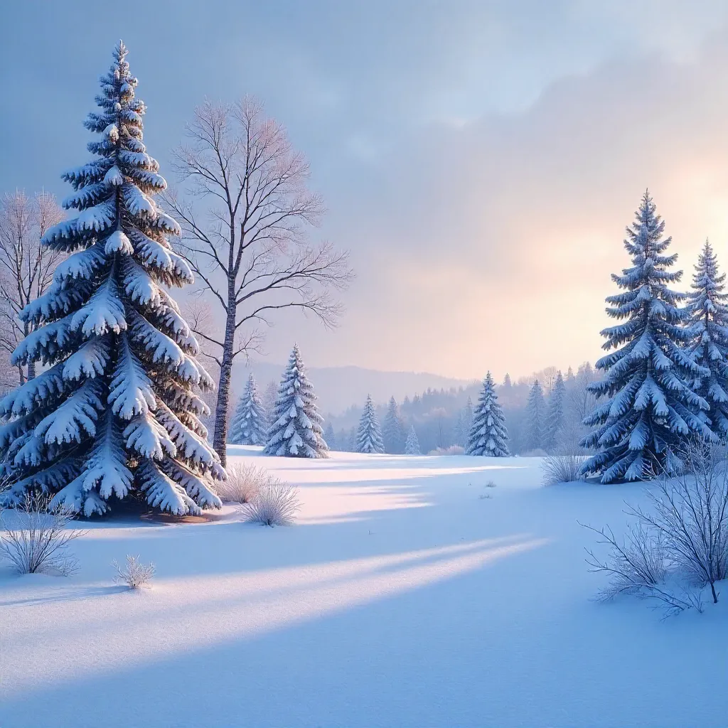 Snowy Serenity: Snow-Covered Trees and Distant Forest