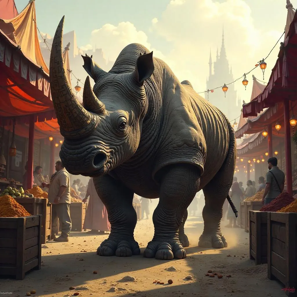 Rhino in a Bustling Marketplace — Concept Art