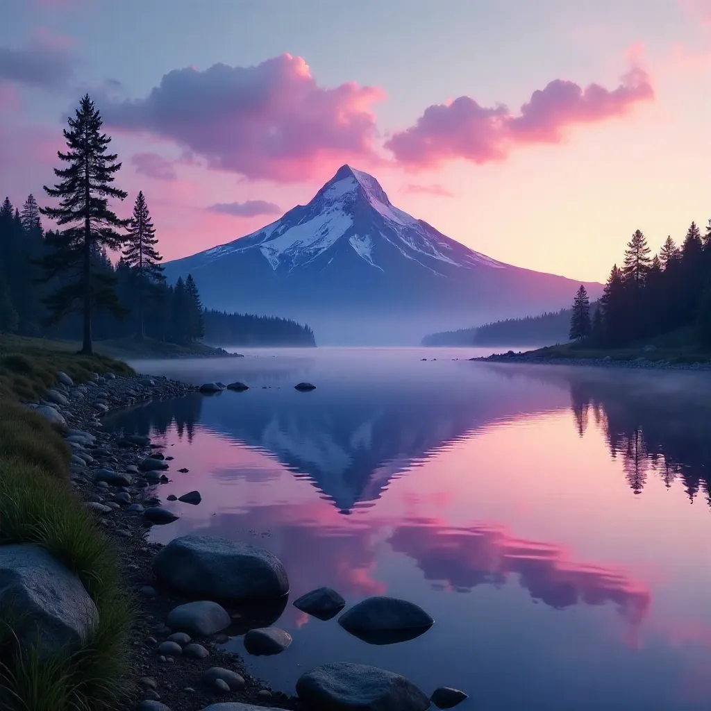 Dusk Mountain Silhouette Reflected in a Quiet River