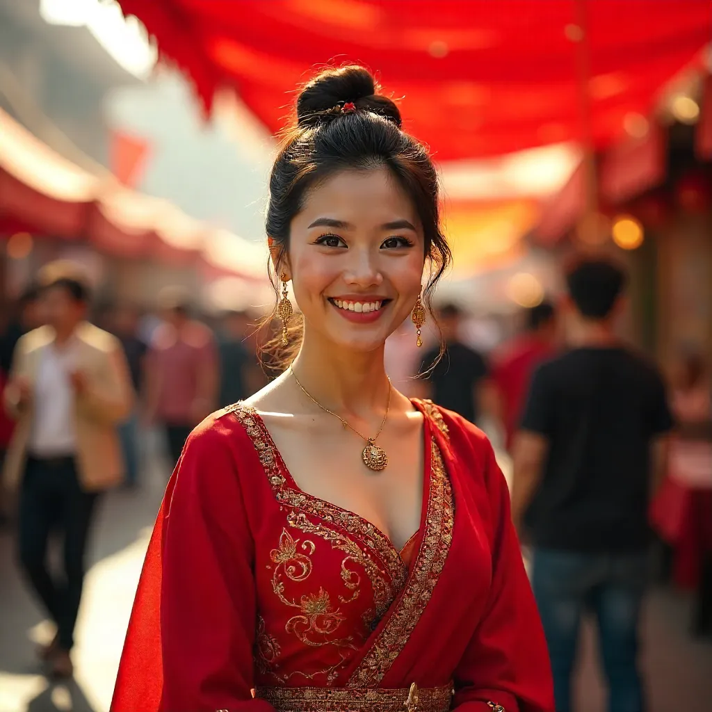 Red-Costumed Woman at City Festival Under Crimson Tent