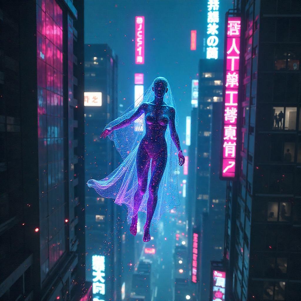 Zero-Gravity Ghost in Neon Cyberpunk City