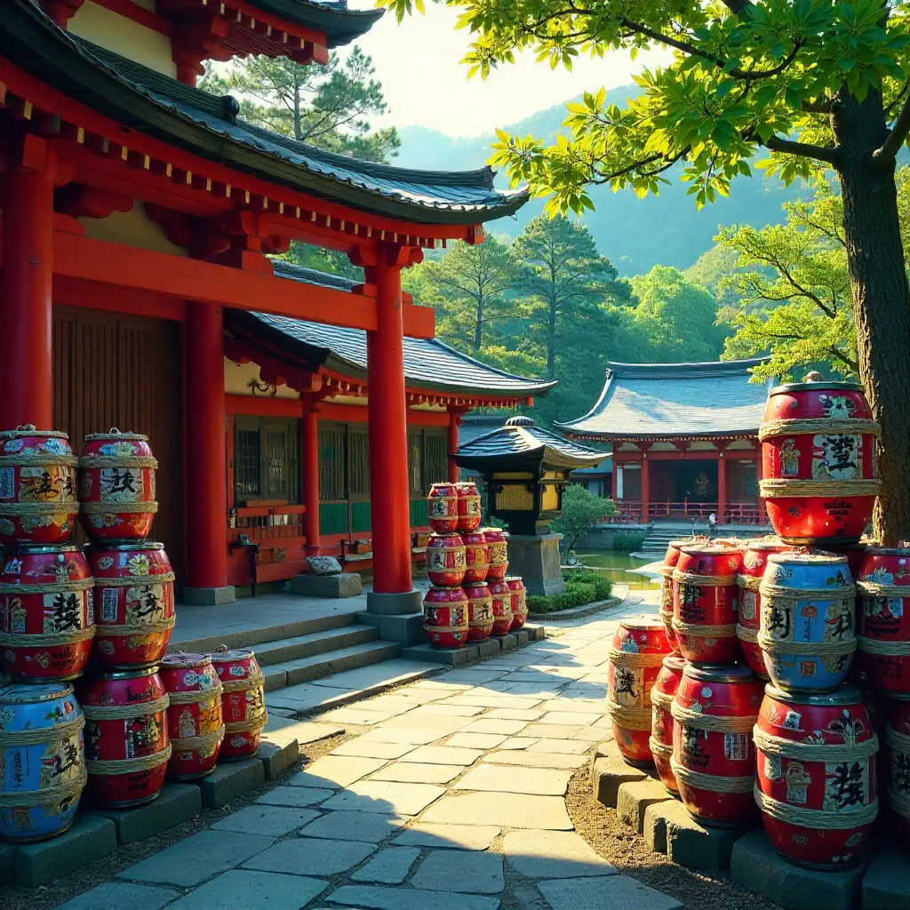 Brightly Painted Sake Barrels at a Shrine for Good Fortune