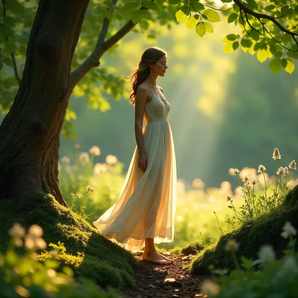 Woman in a White Dress Beneath Leafy Canopy