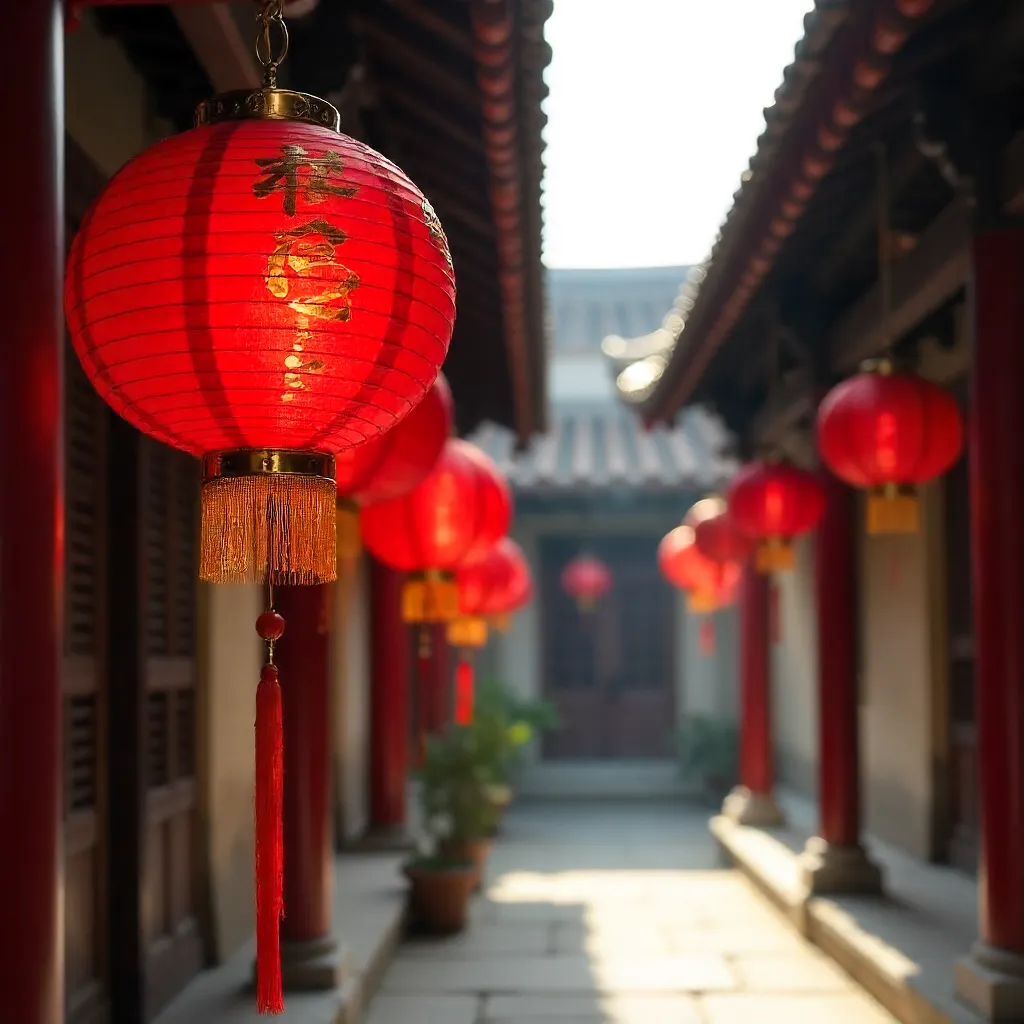 Close-Up of Vibrant Red Lanterns in Traditional Chinese Courtyard