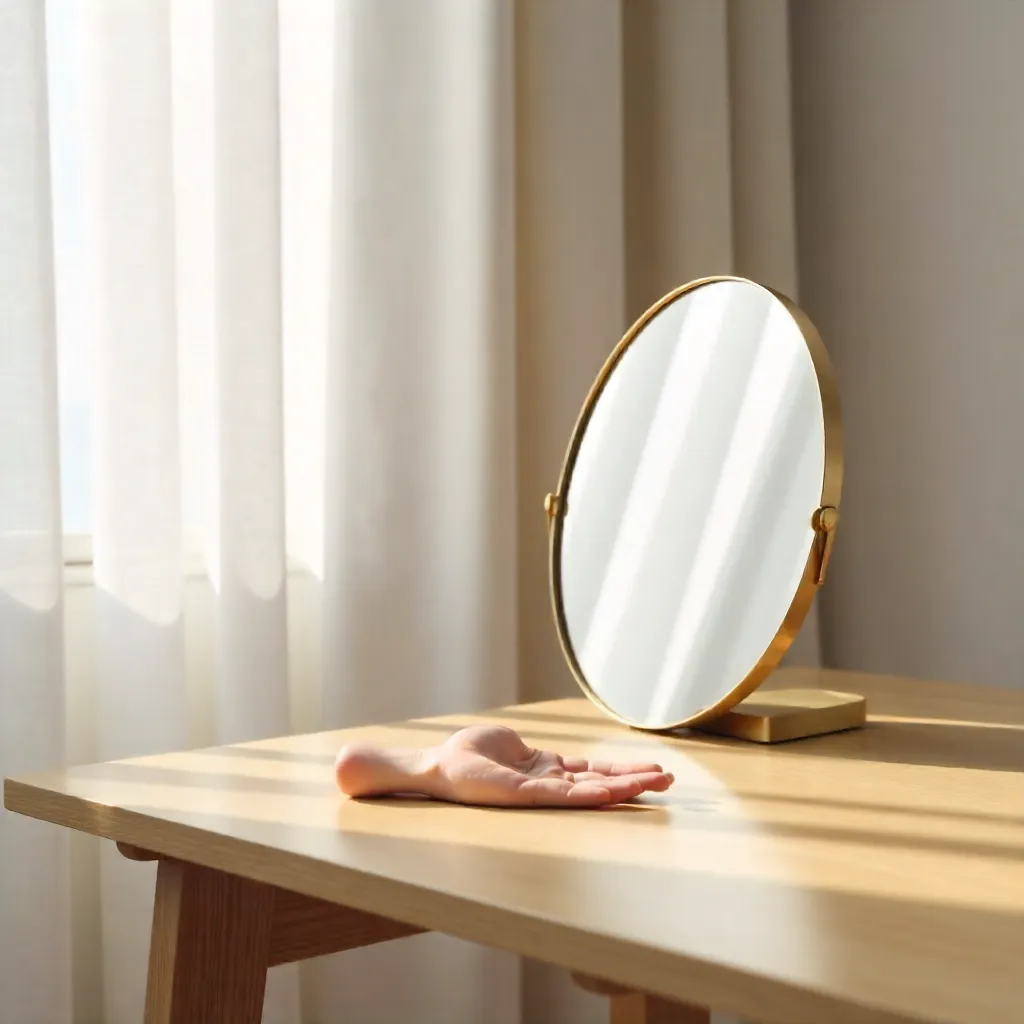 Reflection in a Round Mirror on a Minimalist Wooden Table