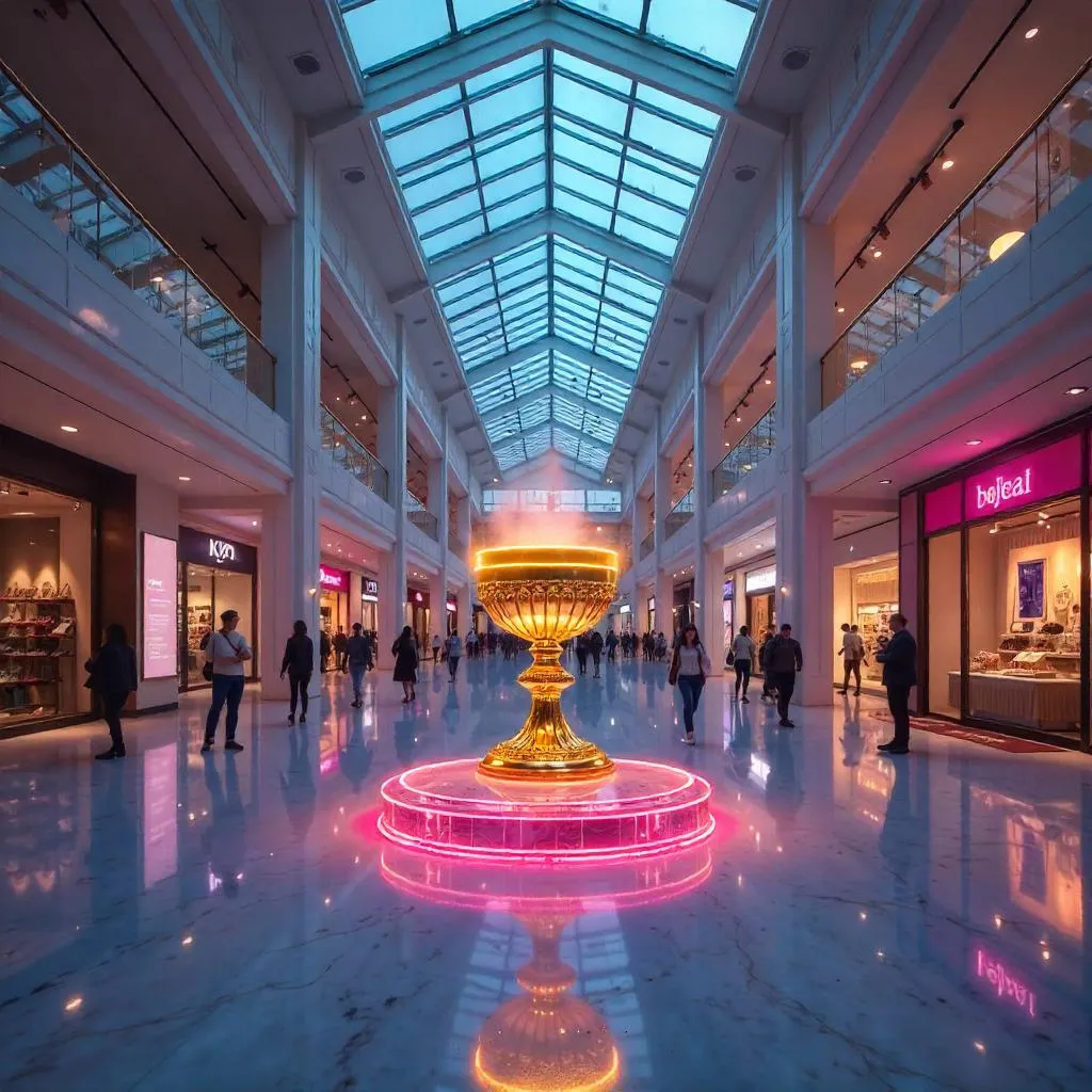 Holy Grail Illuminated in a Neon Shopping Mall