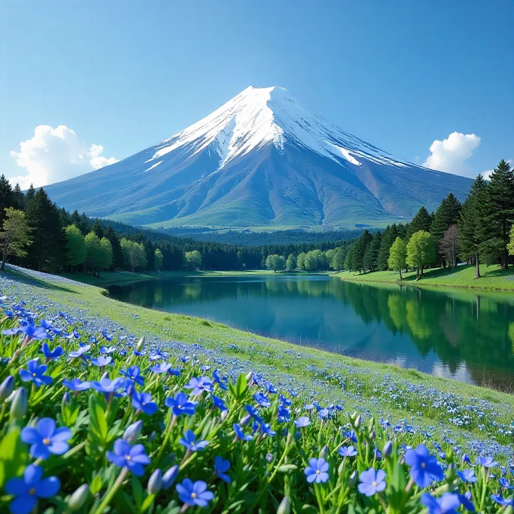 Spring Fuji Vista with Blue Flowers in Bloom