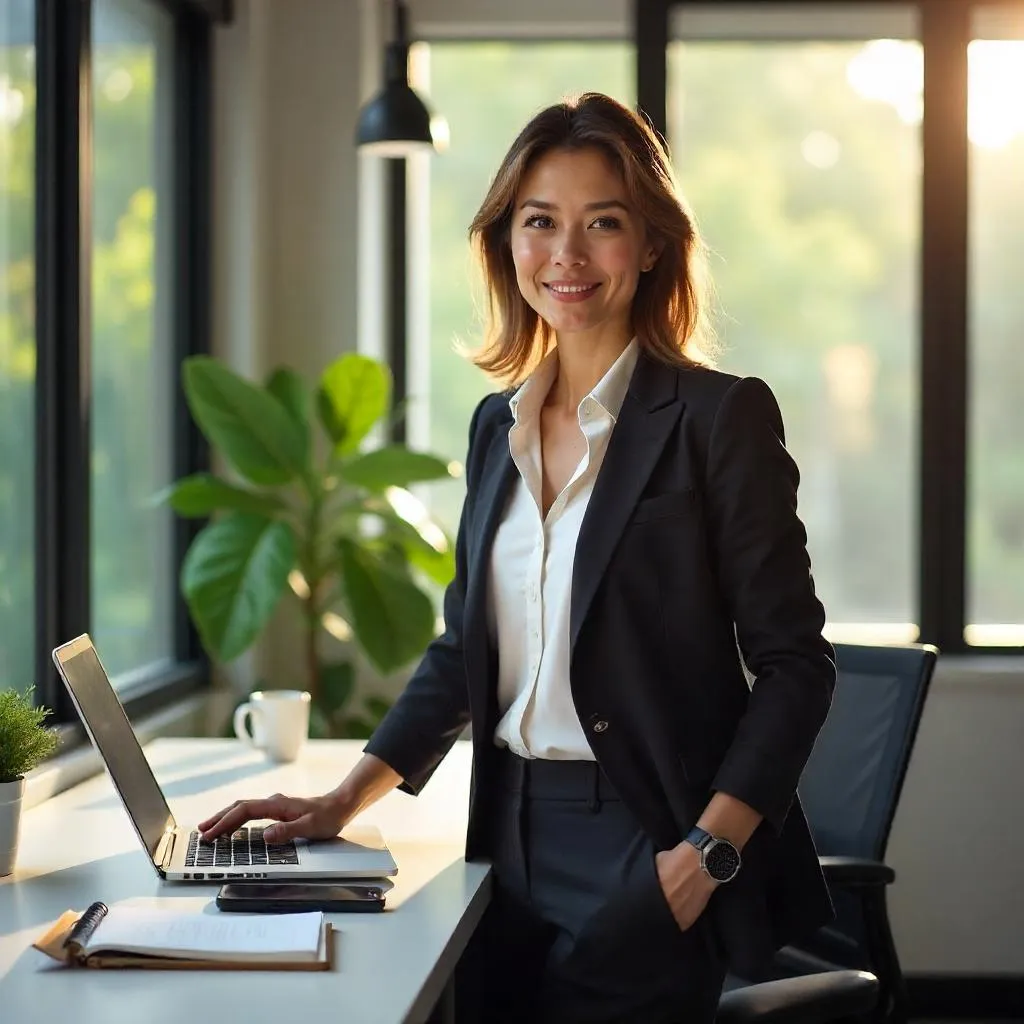 Confident White Woman in a Modern Office