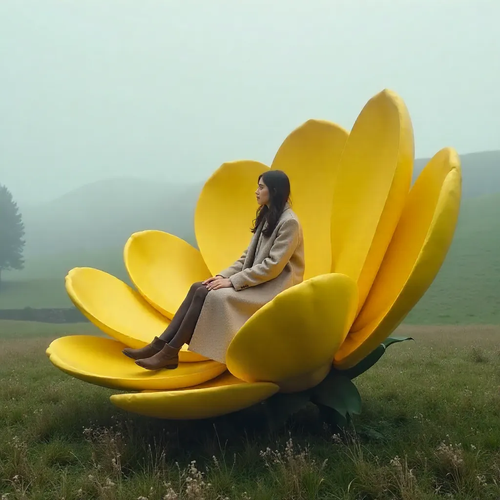 Young Woman on a Giant Yellow Flower in the Fog
