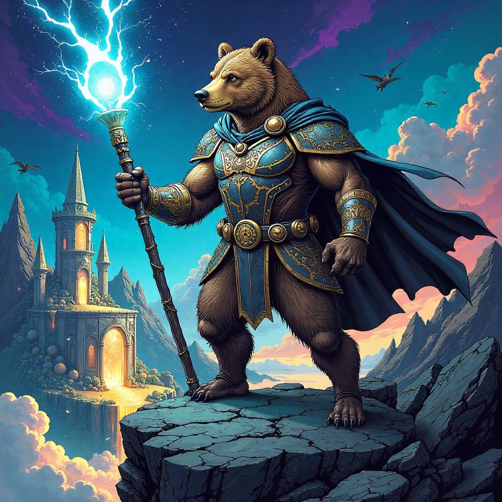 Bear Hero in a Vibrant Magical Comic Realm