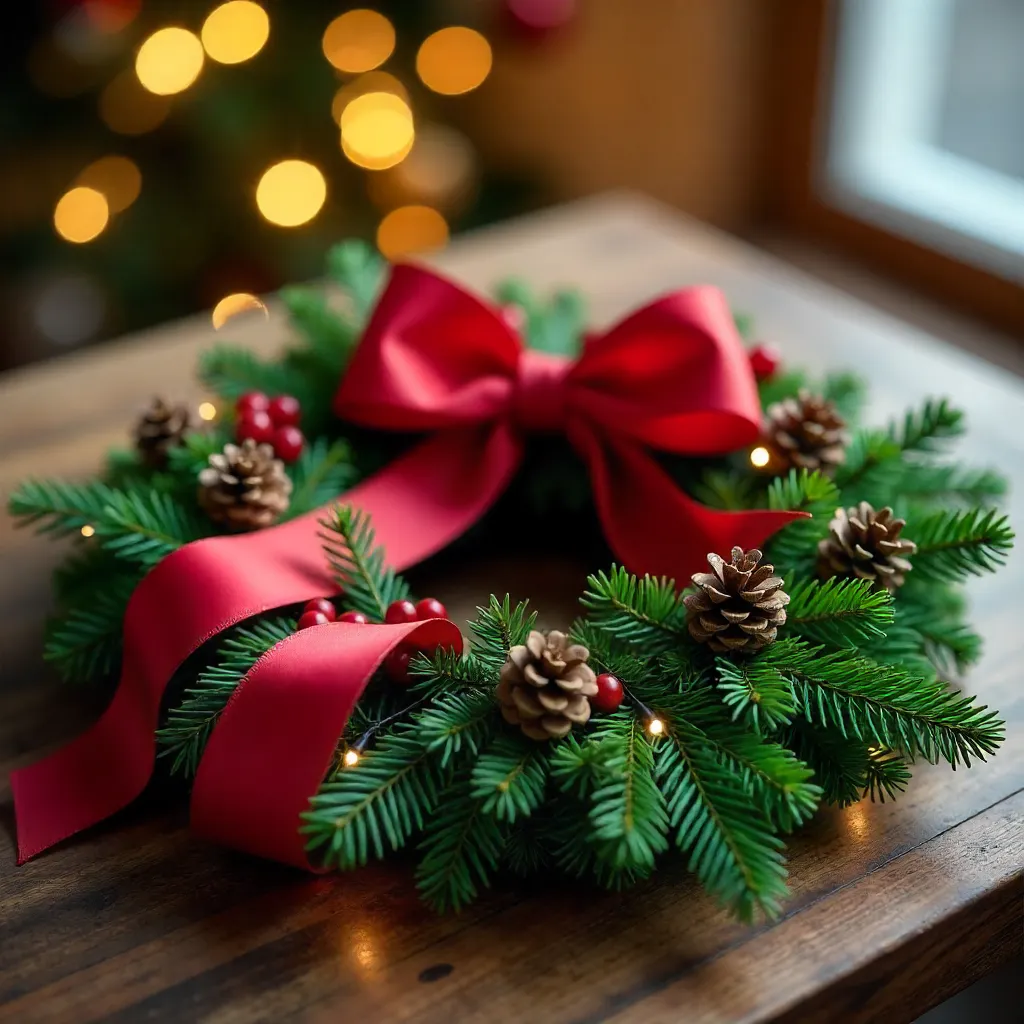 Decorative Christmas Wreath with Red Ribbon on Wooden Table