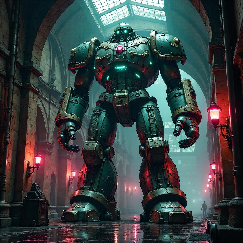 Golem in a Neon-Lit Steam Engine Chamber
