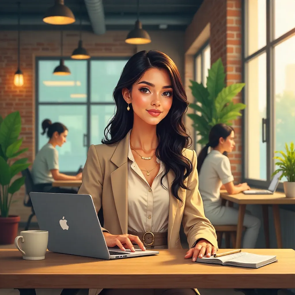 Anime-Style Middle Eastern Woman in a Modern Co-Working Space