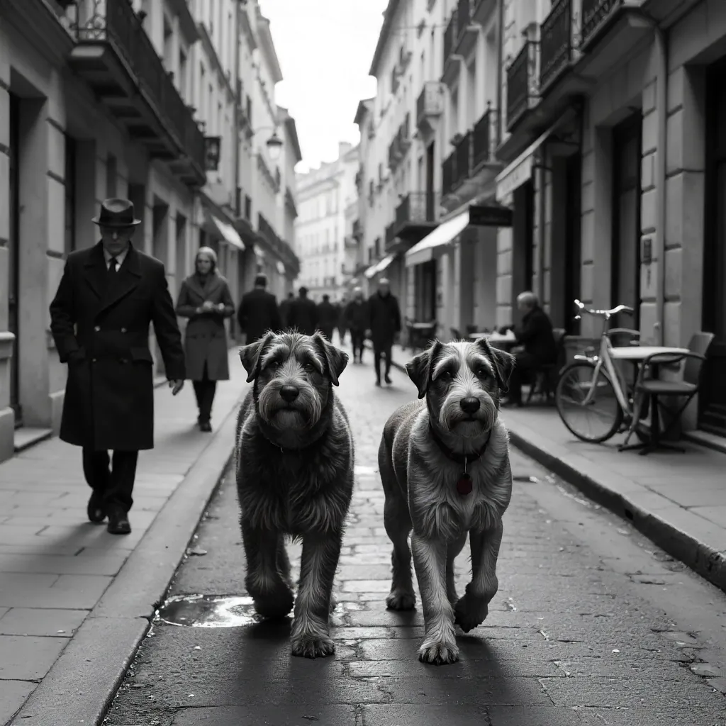 Briard Dogs on a French Urban Street - Monochrome