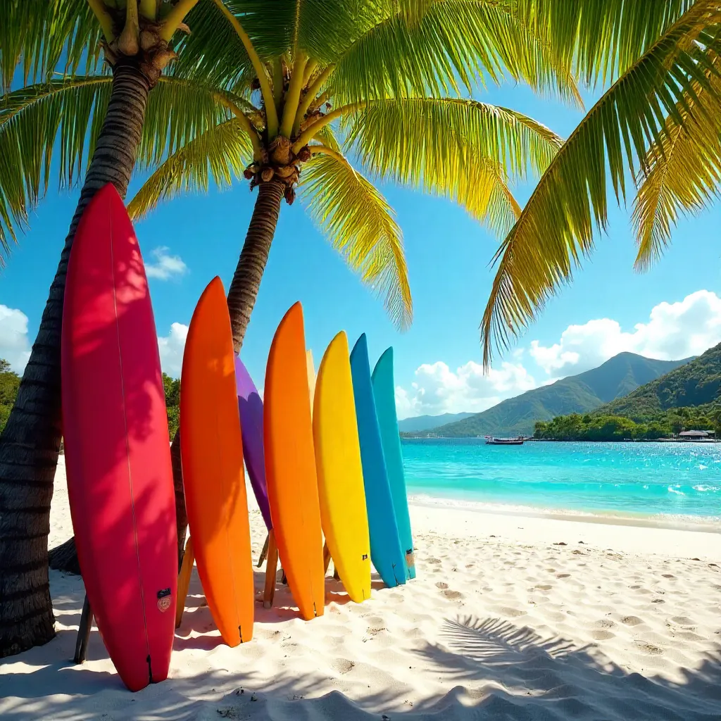 Vibrant Surfboards Beneath Martinique Palms
