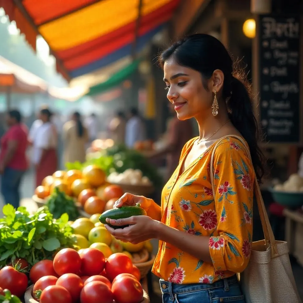 Young Indian Woman at a Lively Farmers Market
