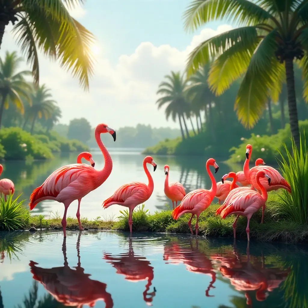 Sunlit Flamingos: Graceful Pink Flock at Rest