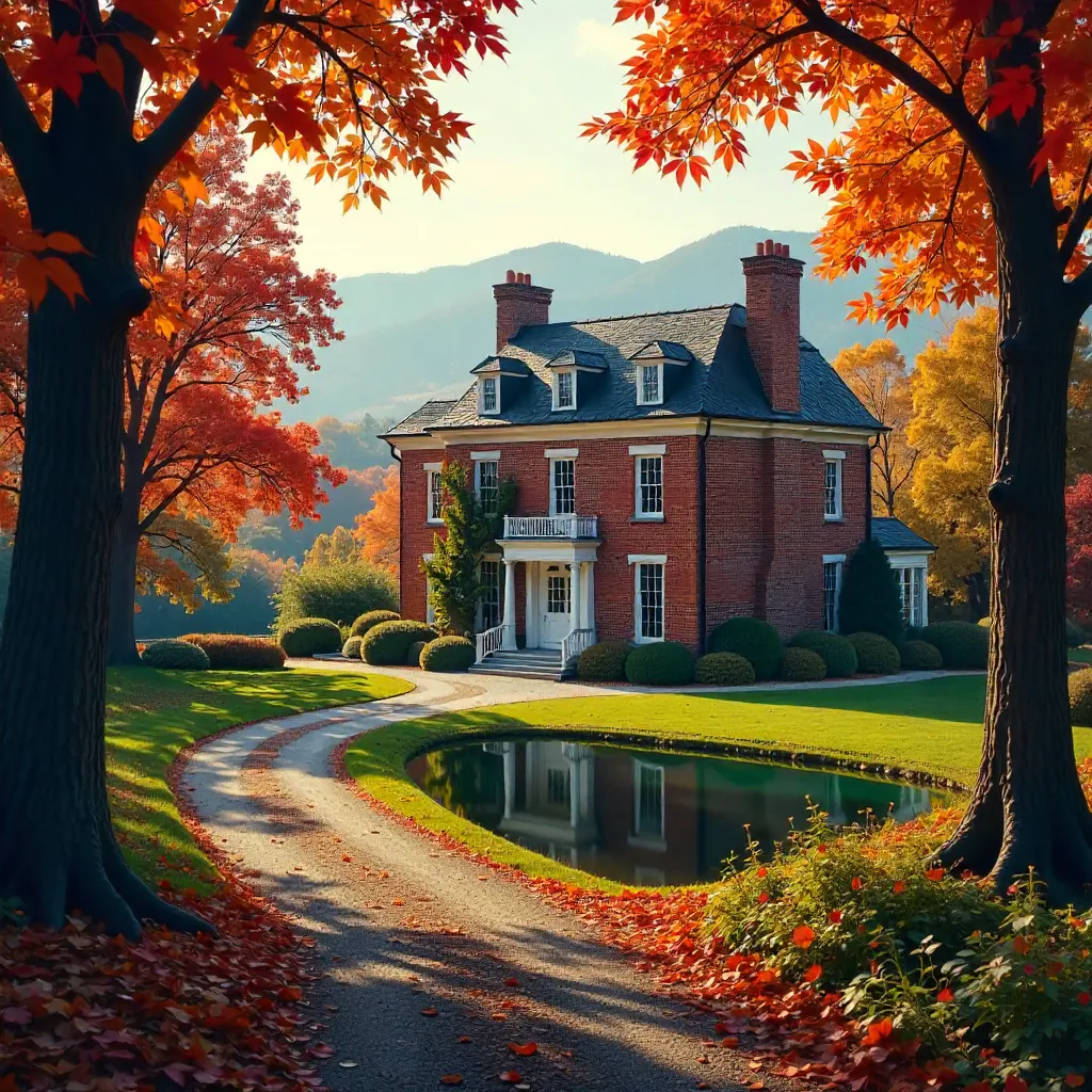 Autumn Serenity: Brick Mansion in Golden Light