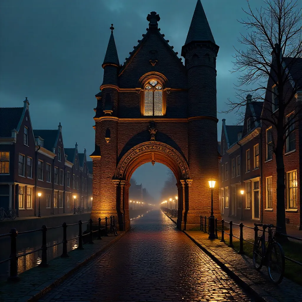 Illuminated Gothic Archway in Utrecht at Night
