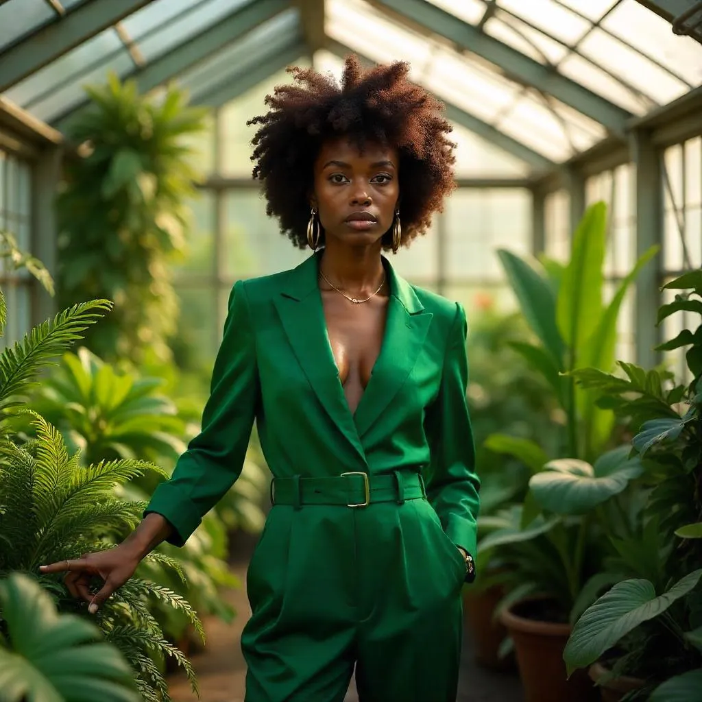 Stylish Black Girl in a Glass Greenhouse