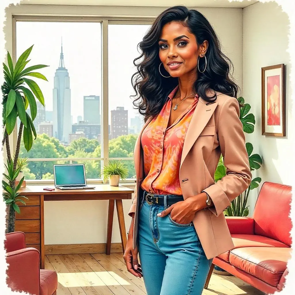 Confident Latina in a Light-Filled City Apartment (Watercolor)