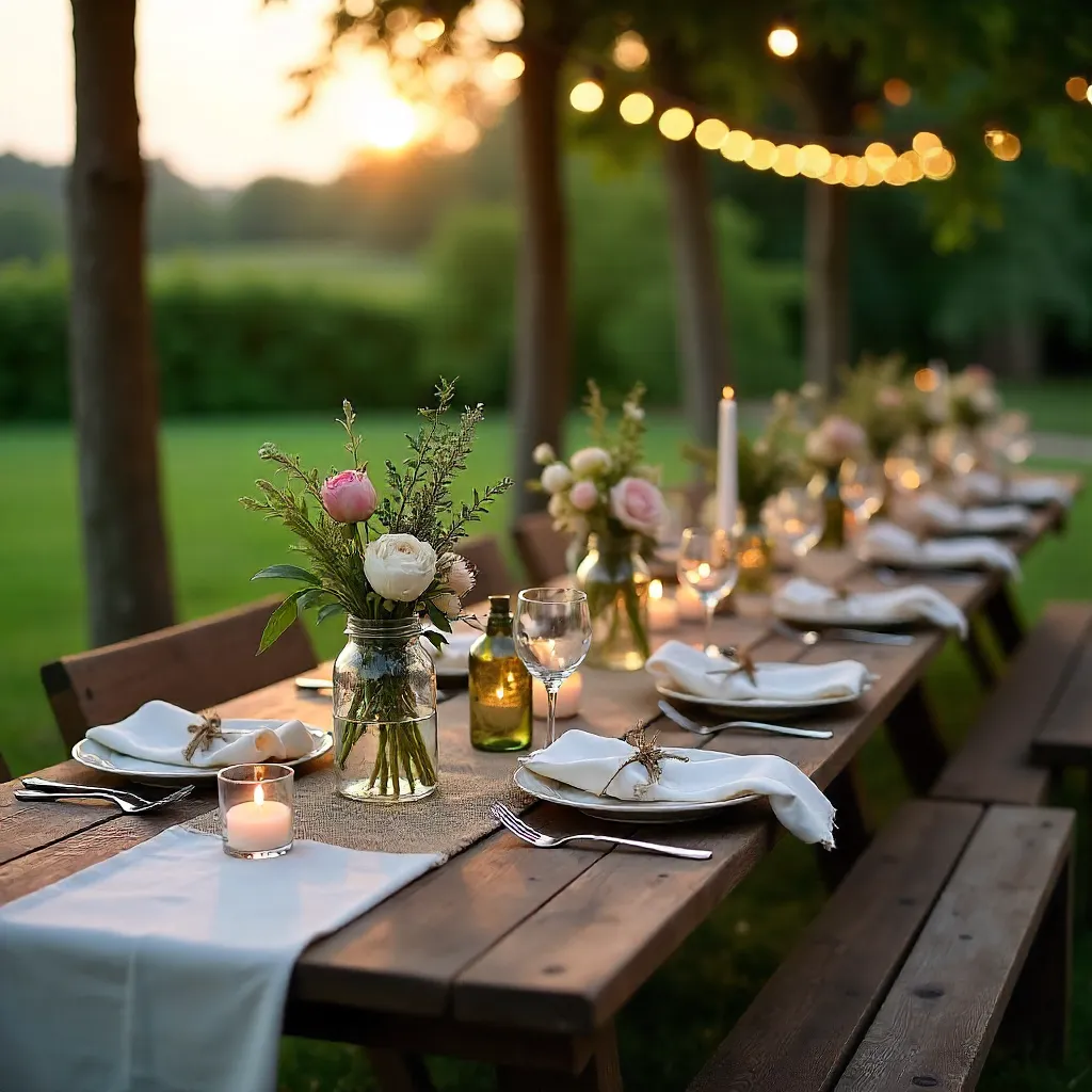 Charming Rustic Outdoor Tablescape Under String Lights