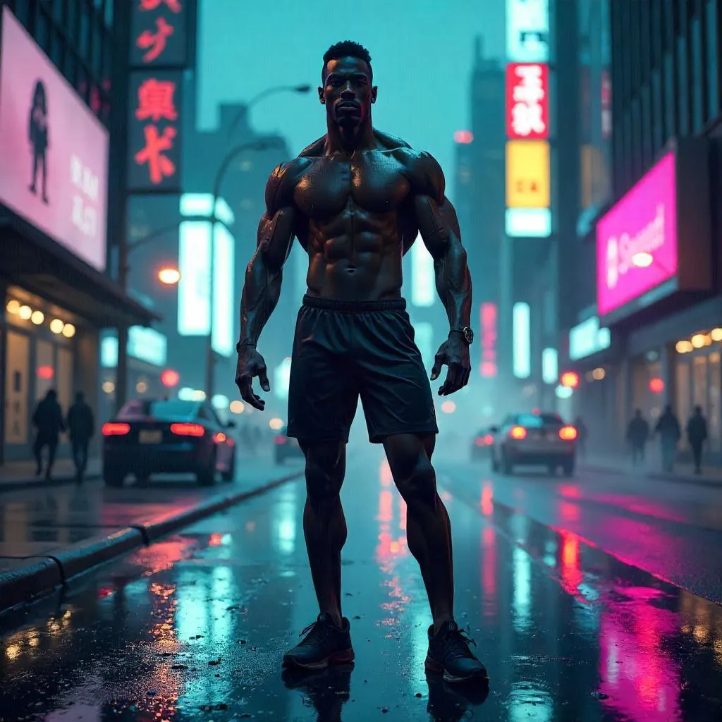 Athletic Black Man on Neon City Street - Concept Art