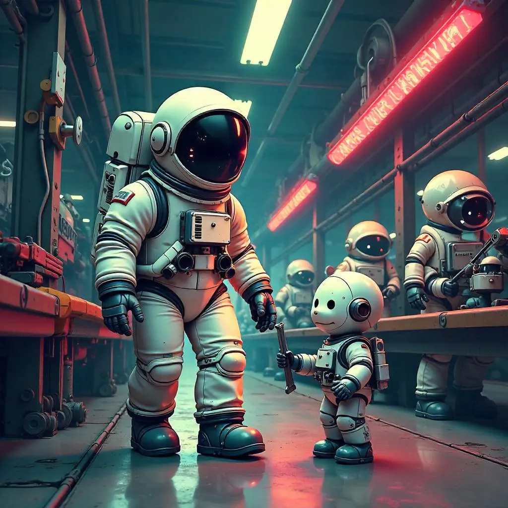 Cartoon Astronaut in a Robot Factory