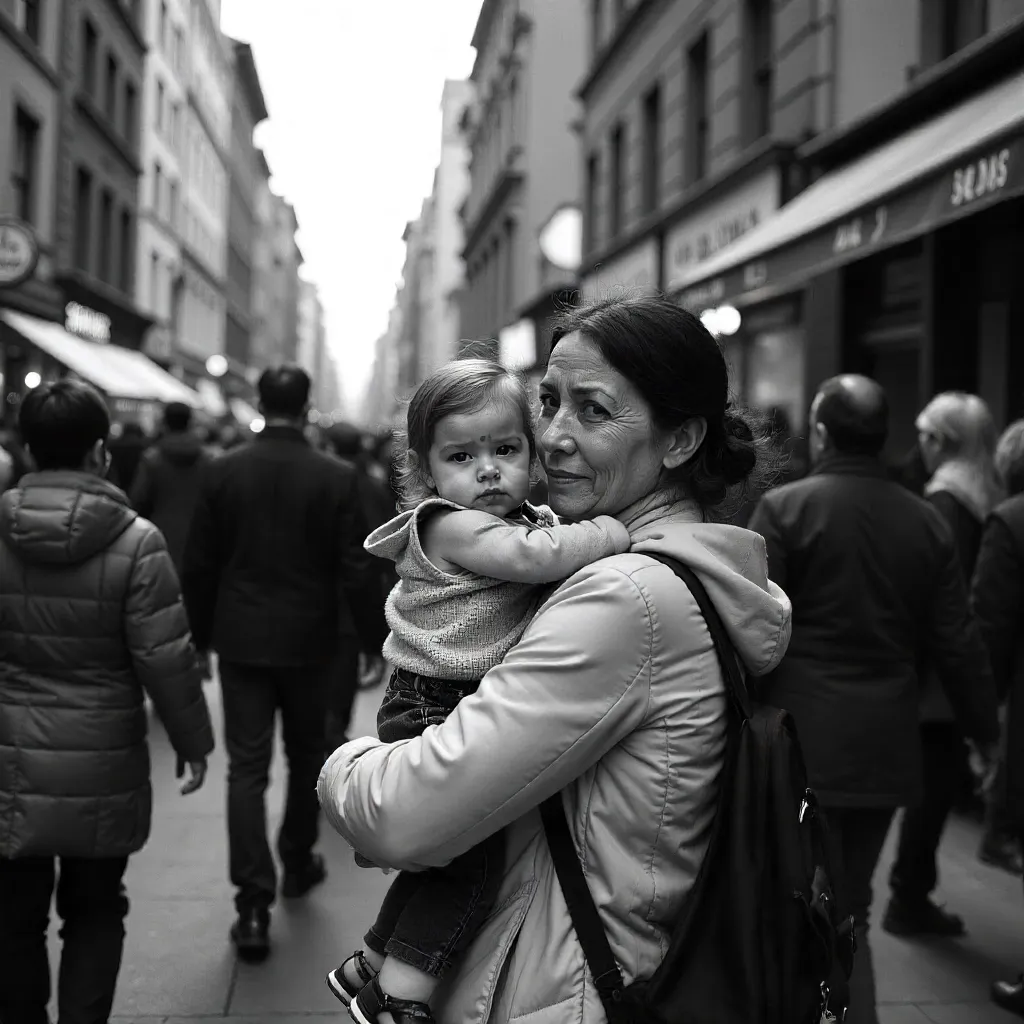 Monochrome Moment: Mother Carrying Child Through Crowded Street