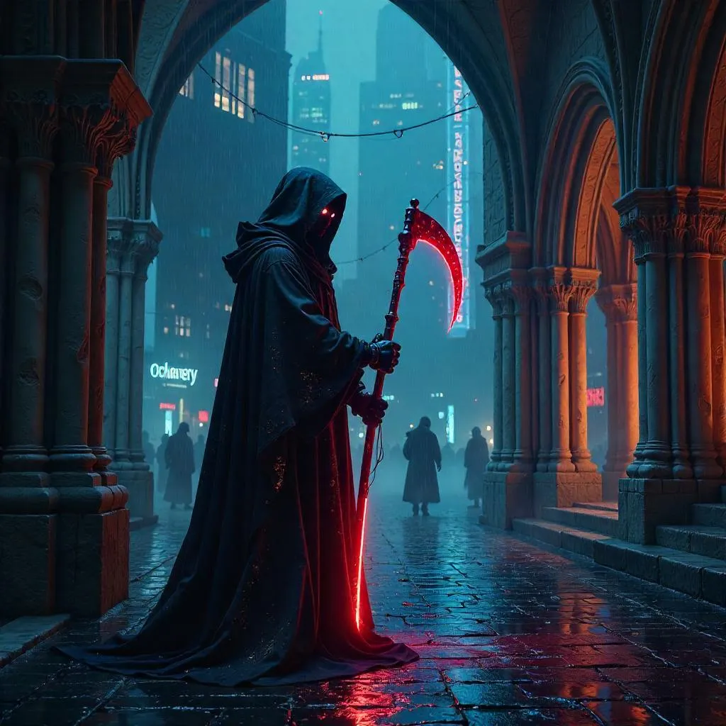 Neon Reaper in a Cyberpunk Monastery