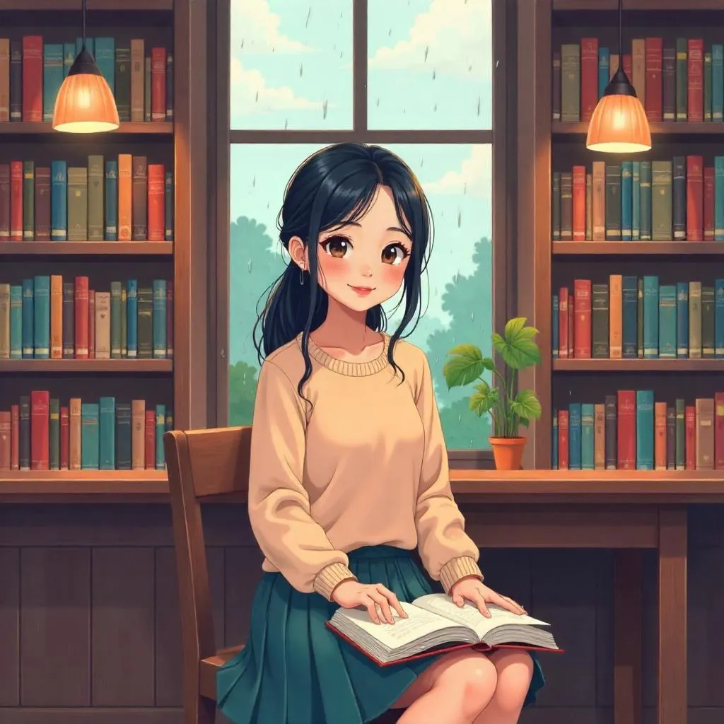 Cozy Library Portrait: Cartoon Asian Girl Reading