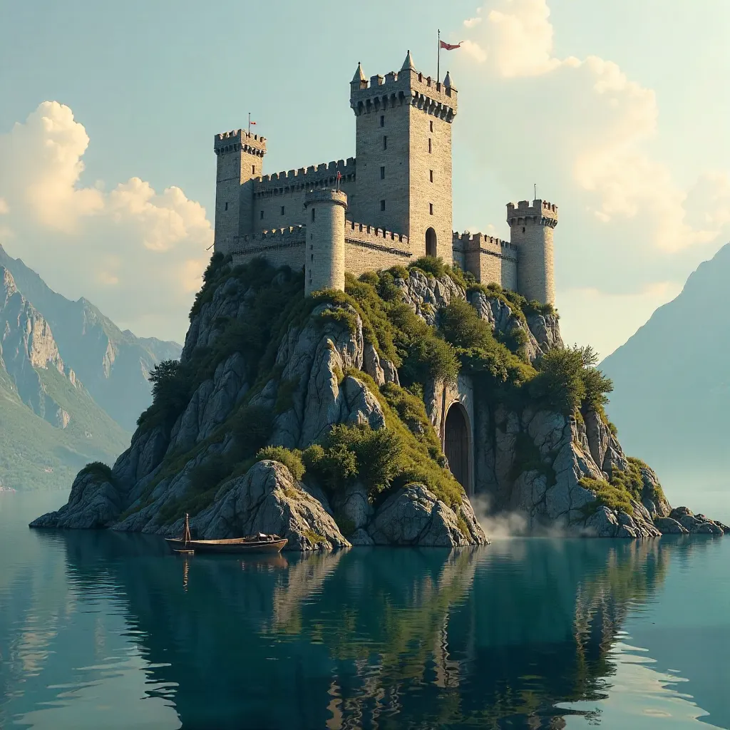 Ancient Fortress on a Rocky Hill Over Serene Waters