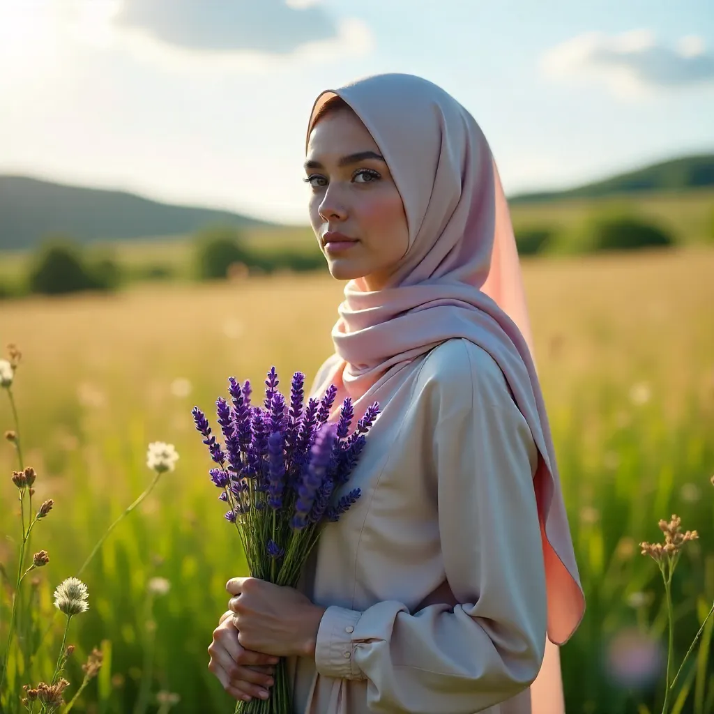 Sunlit Meadow Portrait with Lavender Bouquet