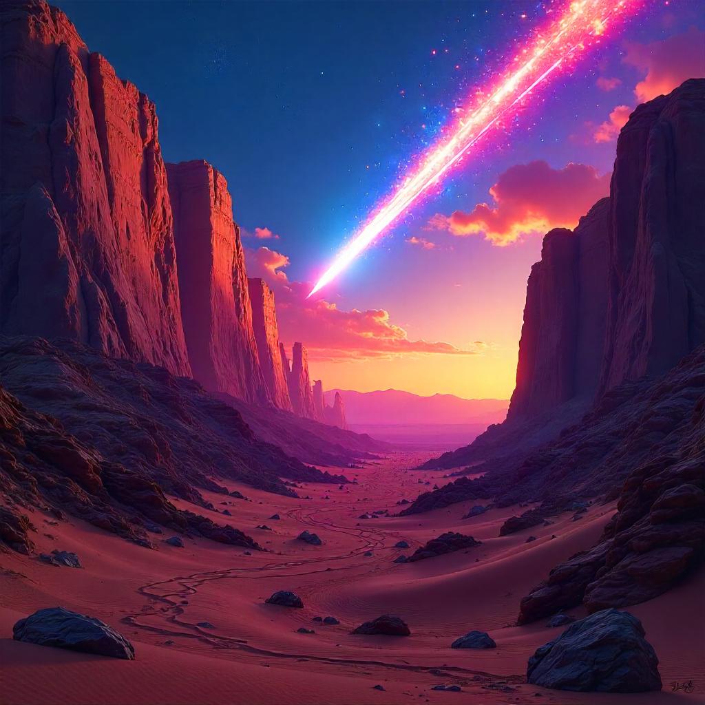 Meteor Crossing a Desert Canyon in Neon Digital Art