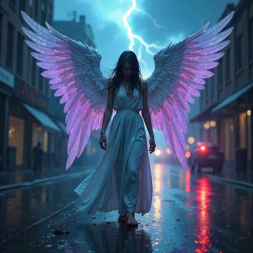Radiant Angel Amid a Heavy Rainstorm