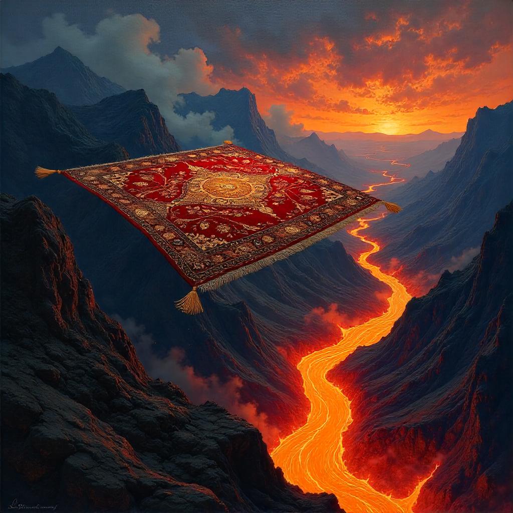 Ember Glide: Oil Painting of a Magic Carpet by Lava
