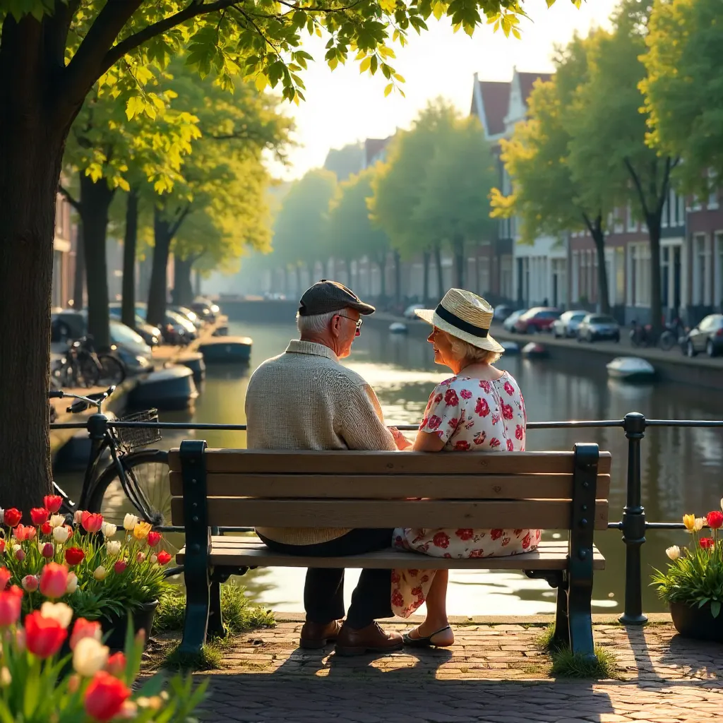 Serene Amsterdam Park Bench Moment with an Elderly Couple