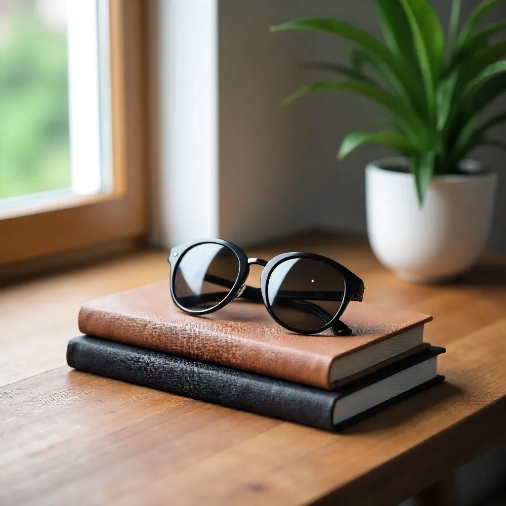 Stylish Desk Setup with Books, Sunglasses, Plant