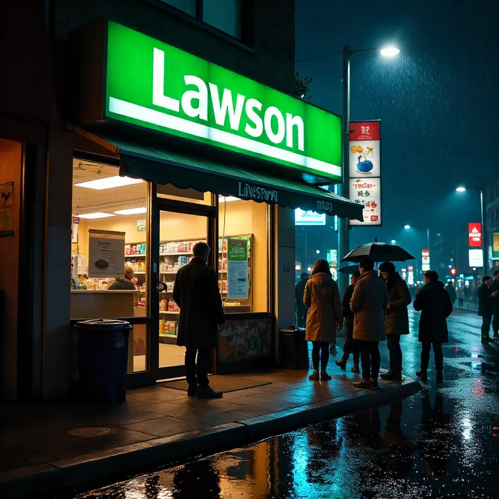 Nighttime Lawson Entrance: Neon Crowd by the Doors